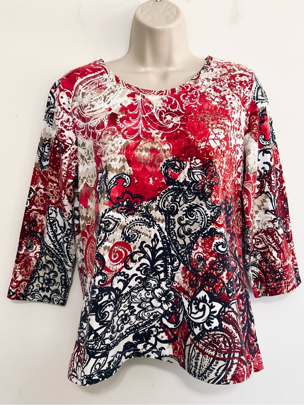 Christopher & Banks M top 3/4  sleeve red white black fair isle lightly studed